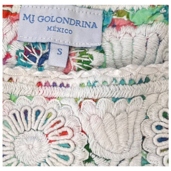 Mi Golondrina Maria Turquesa Dress S Floral Embroidered Square Neck Puff Sleeve - Picture 3 of 10